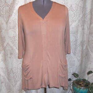 LOGO Lori Goldstein 1X Light Brown Asymmetrical Cardigan Quarter Sleeves